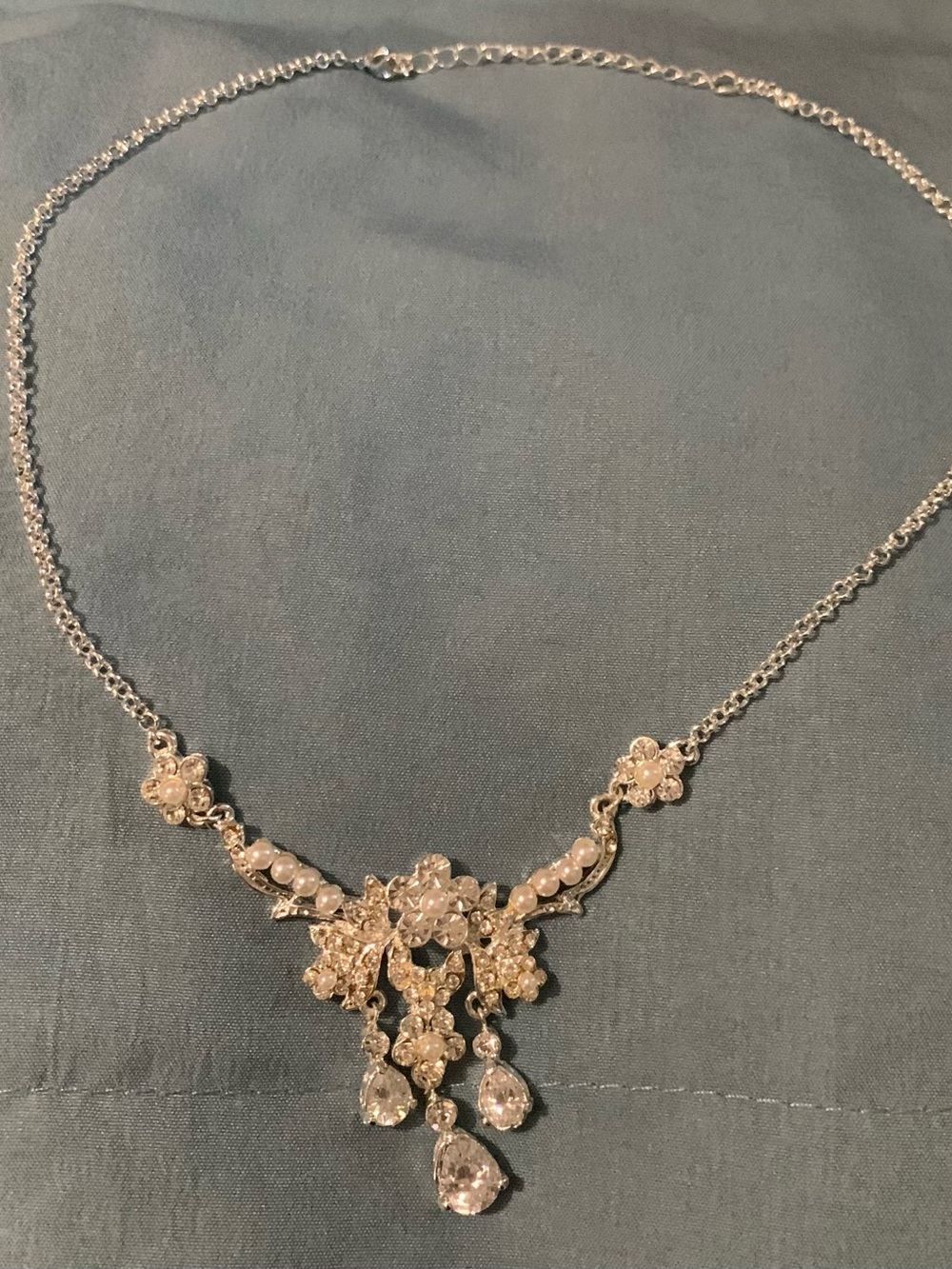 Vintage Silver-Tone Pearl & Crystal Chandelier Necklace and Earring Bridal Set